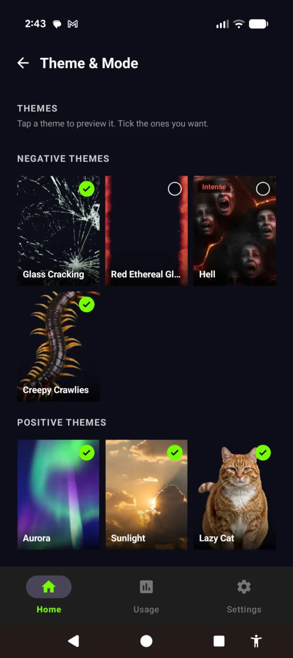 Awake theme picker, with negative and positive themes
