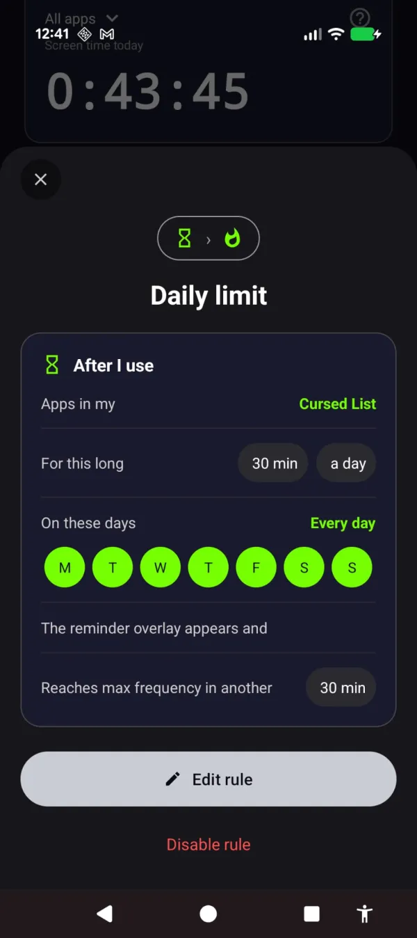 Awake time-limit rules screen